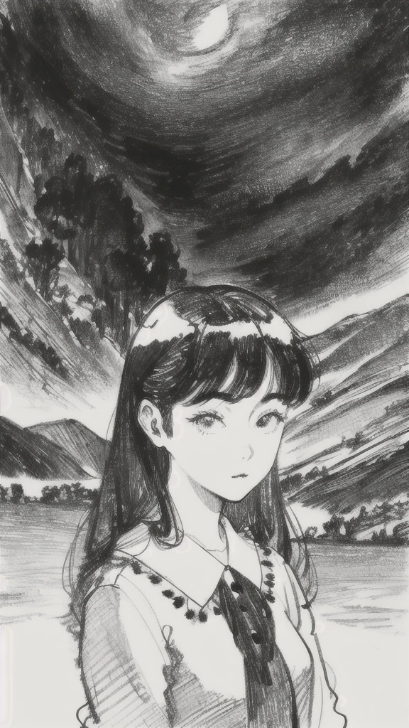 One Girl,Line art,Monochrome,sketch,Pencil drawing,Traditional Media,One Girl, skirt,Cute Teenage Girls, ,Beautiful portrait、Delicate body、Black Hair、Black Hair,landscape