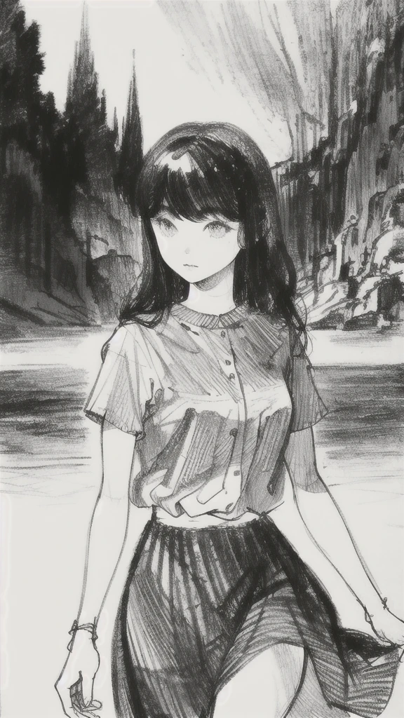 One Girl,Line art,Monochrome,sketch,Pencil drawing,Traditional Media,One Girl, skirt,Cute Teenage Girls, ,Beautiful portrait、Delicate body、Black Hair、Black Hair,landscape