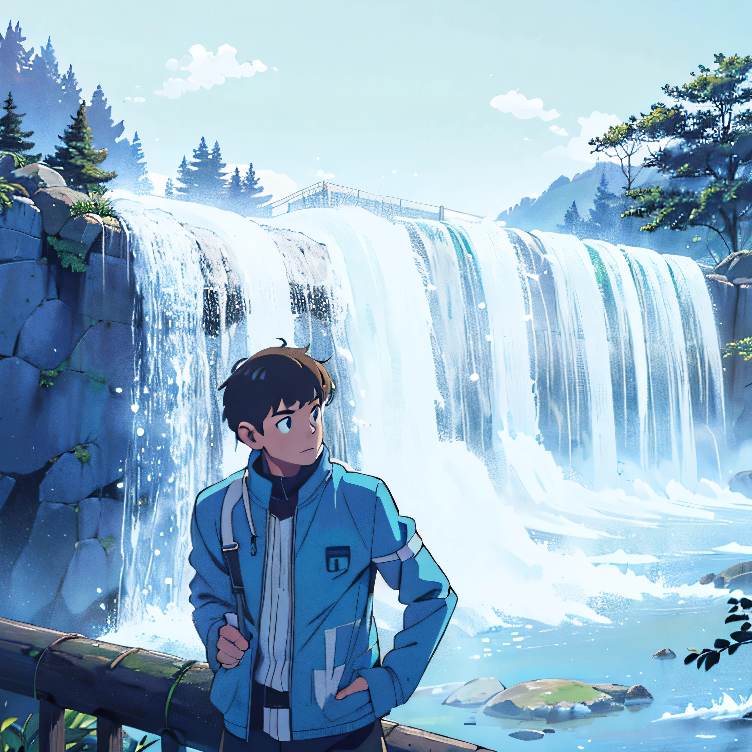 arafed man standing in front of a waterfall with a blue jacket, waterfalls in the background, waterfall in the background, with a waterfalls, with waterfalls, waterfall!!!!!, standing in front of a waterfall, standing near a waterfall, next to a waterfall, with trees and waterfalls, (waterfall), with waterfalls and river, waterfall in background, water fall