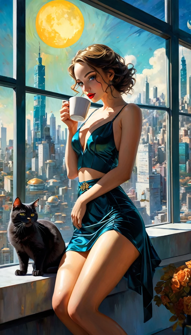 sexy girl in lingerie and her pet cat, alone, having a coffee, enjoying the views from a large terrace, views of a futuristic city:1.5. (art inspired in Bill Sienkiewicz). oil painting) (best quality,4k,8k,highres,masterpiece:1.2),ultra-detailed,(realistic,photorealistic,photo-realistic:1.37),intricate details,vivid colors,sharp focus,professional,(best quality,4k,8k,highres,masterpiece:1.2),ultra-detailed,(realistic,photorealistic,photo-realistic:1.37),intricate details,vivid colors,sharp focus,professional,Dave McKean artwork, oil touch of surrealism,oil painting style,portrait,woman,beautiful detailed eyes,beautiful detailed lips,dreamlike atmosphere,shadow play,soft lighting,playful pose
