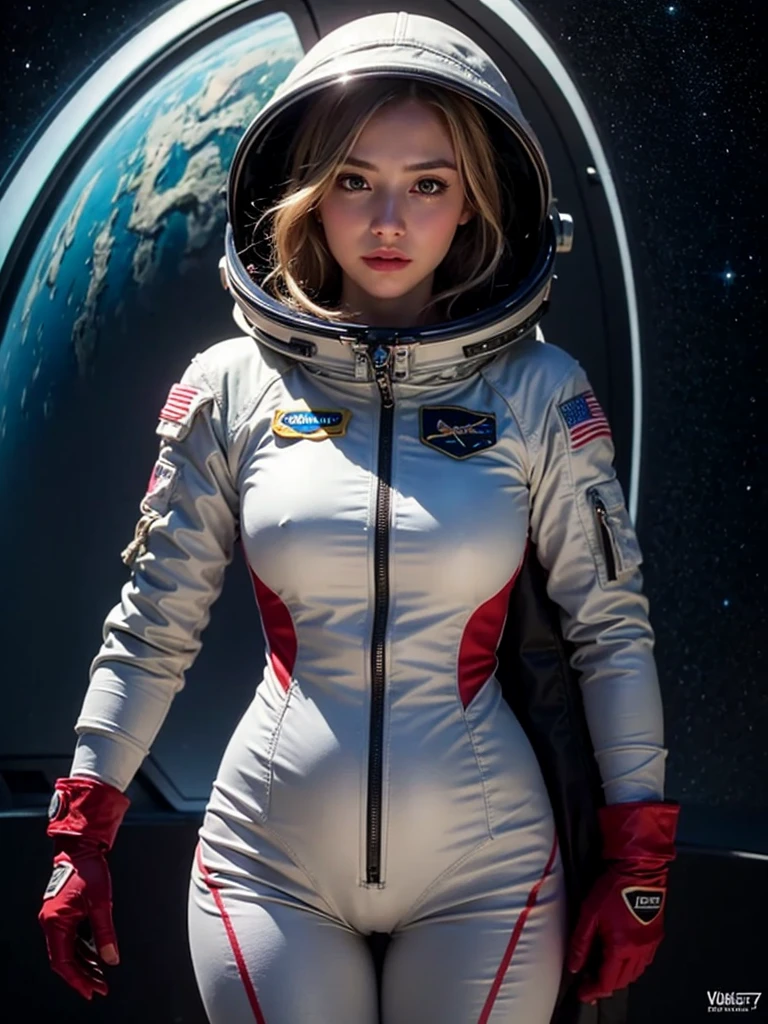 Close-up of a woman in a white suit with red gloves, Portrait Astronaut Girl, Armored astronaut girl portrait, Sleek digital concept art, Kschaert Krentz Key Art Feminine, SF Women, girl in space, Smooth Art, Wearing a space suit, Vojtek Fuss, Lostrun 8k, Inspired by Krenz Kuszat