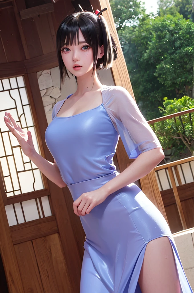 short hair, bangs, blue eyes, hair ornaments, Hair Ribbon, butterfly hair ornaments, skirt, No sleeve、、Random color see-through kunoichi costume、Japanese see-through female samurai costume、See-through female ninja costume,, Open clothes, Collared dress emphasizes cleavage、胸の谷間のSweat is noticeable,, 満開のcherry blossoms、cherry blossoms、Open-air bath、Outdoor、Professional lighting light reflection、 looking at viewer, (masterpiece:1.2), Highest quality, High resolution, unity 8k wallpaper, (figure:0.8), (Beautiful fine details:1.6), Highly detailed face, Perfect lighting, Highly detailed CG, (Perfect hands, Perfect Anatomy),heavy rain、heavy rainで全身びしょ濡れ、heavy rainで全身びしょ濡れの服、High heels、 ((Perfect handsの形))、(Perfect foot shape、Embarrassed expression blushing、、Gestures to seduce a man、Obscene pose、Shining Sweat、Perfect Skin,Sweat is noticeable、太もものSweat is noticeable、、 Fair skin,Tight waist, Sweating profusely、Sweaty hair、Sweaty clothes、Sweaty、Visible sweat、rain-wet hair