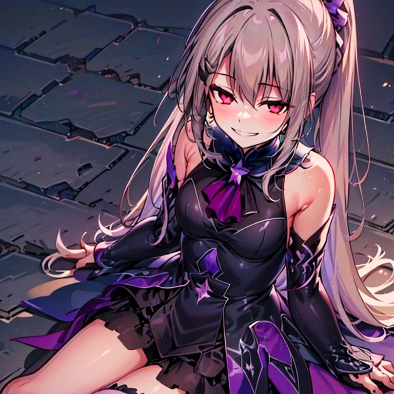 (best quality:1.2),1 girl,alone,with a beautiful ponytail adorned with star hairpins and a black feather hairpin. Her nails are meticulously done with intricate nail art. The colors in the image are vibrant, creating a dreamlike atmosphere. The lighting is soft, casting a ethereal glow on the girl's face. The background is filled with highly detailed floral patterns, adding depth to the scene. The girl has an evil smile on her face, giving a sense of mystery and intrigue.