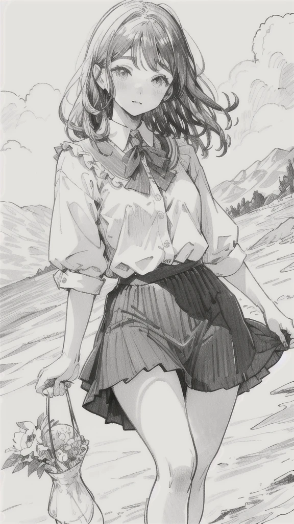 One Girl,Line art,Monochrome,sketch,Pencil drawing,Traditional Media,One Girl, skirt,Cute  Girls, ,Beautiful portrait、Delicate body、Black Hair、Black Hair,landscape