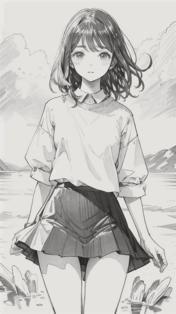 One Girl,Line art,Monochrome,sketch,Pencil drawing,Traditional Media,One Girl, skirt,Cute age Girls, ,Beautiful portrait、Delicate body、Black Hair、Black Hair,landscape