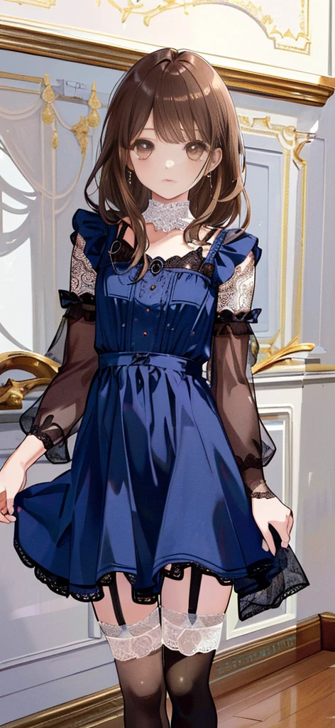 ((masterpiece)), ((best quality)), ((ultra detailed)), ((kawaii)), cute, (lovely), ((extremely detailed)), ((8K)), (beautiful), full body, luxury room, a cute girl, 1girl, solo, blue mini camisole dress,beautiful light brown hair, ((detailed beautiful brown eyes)), white-skinned, flat breast, tiny breast, garter belt,(garter stockings:1.4),pink eyeshadow
