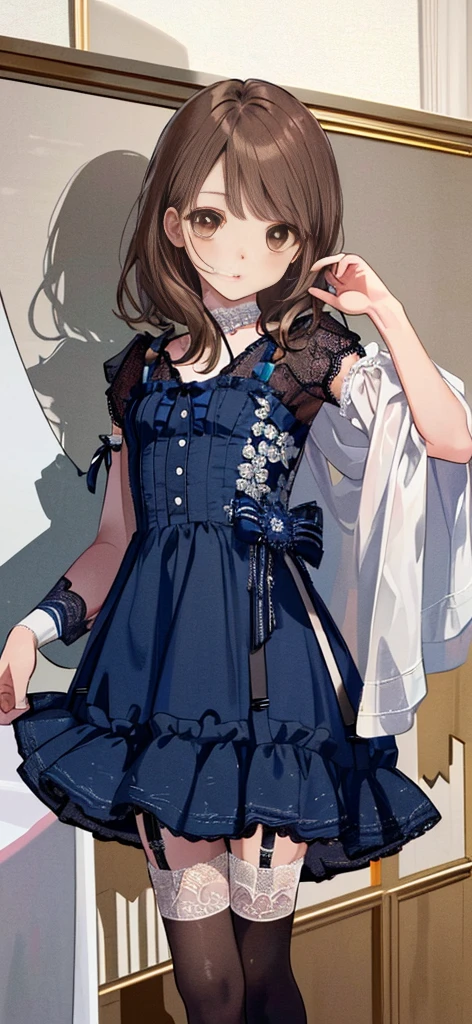 ((masterpiece)), ((best quality)), ((ultra detailed)), ((kawaii)), cute, (lovely), ((extremely detailed)), ((8K)), (beautiful), full body, luxury room, a cute girl, 1girl, solo, blue mini camisole dress,beautiful light brown hair, ((detailed beautiful brown eyes)), white-skinned, flat breast, tiny breast, garter belt,(garter stockings:1.4),pink eyeshadow