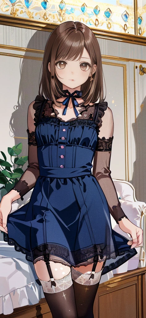 ((masterpiece)), ((best quality)), ((ultra detailed)), ((kawaii)), cute, (lovely), ((extremely detailed)), ((8K)), (beautiful), full body, luxury room, a cute girl, 1girl, solo, blue mini camisole dress,beautiful light brown hair, ((detailed beautiful brown eyes)), white-skinned, flat breast, tiny breast, garter belt,(garter stockings:1.4),pink eyeshadow