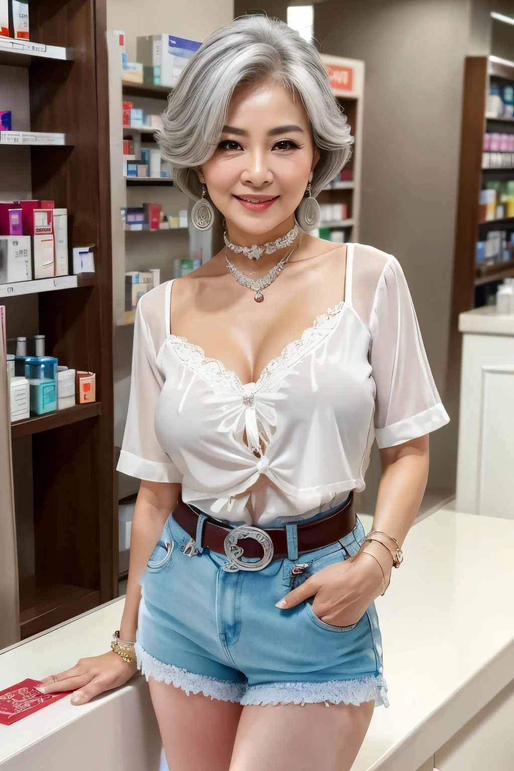 75 years old mom milf Chinese Lady large earring Big choker navel piercing decoration A bracelet Silver Hair realisitic Gorgeous Madame Beautiful Mature Woman sexy Smile Gentle woman navel piercing 4K High quality pharmacy Drugstore Cashier counter Customer Heavy chest belt