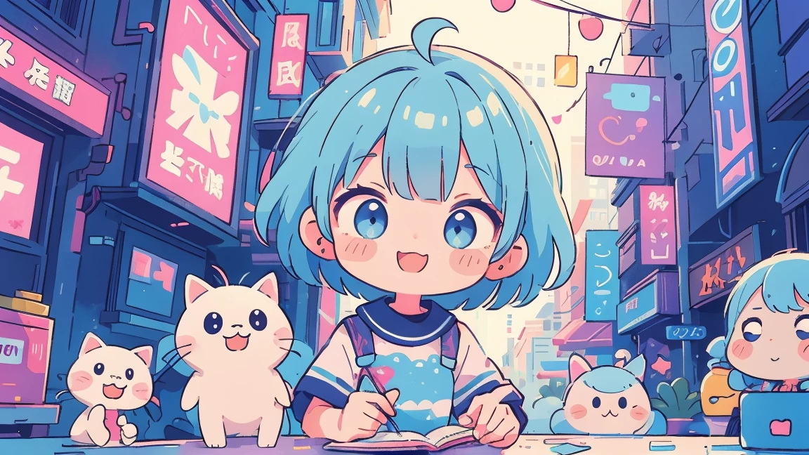 Vibrant art,pop、bright、colorful, 1 female, Light blue hair, short hair、Happy,cute, animation style, kawaii, clearly, colorful cyberpunk, bubblegum pop, cute、Pink and light blue as main colors、I'm cheering loudly、 Headphonesをしている、Headphones、music、