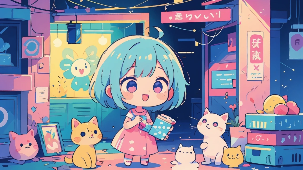 Vibrant art,pop、bright、colorful, 1 female, Light blue hair, short hair、Happy,cute, animation style, kawaii, clearly, colorful cyberpunk, bubblegum pop, cute、Pink and light blue as main colors、I'm cheering loudly、 Headphonesをしている、Headphones、music、