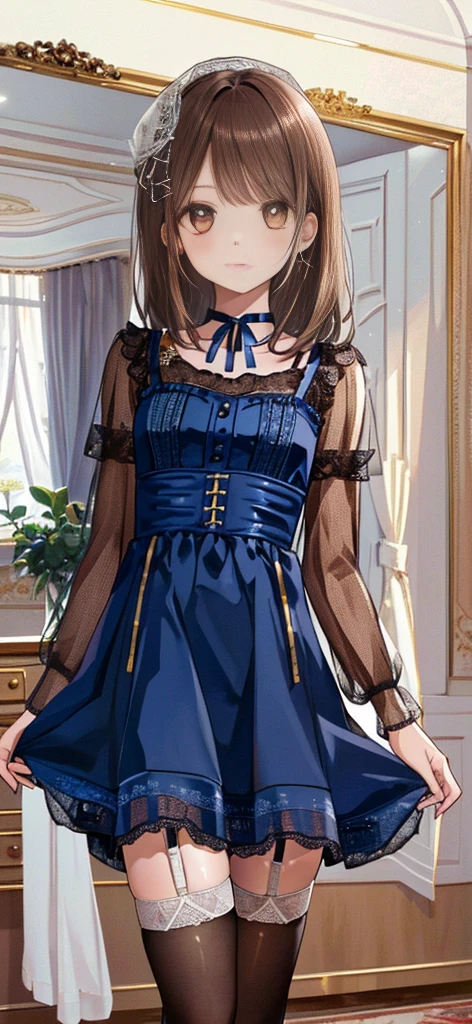 ((masterpiece)), ((best quality)), ((ultra detailed)), ((kawaii)), cute, (lovely), ((extremely detailed)), ((8K)), (beautiful), full body, luxury room, a cute girl, 1girl, solo, blue mini camisole dress,beautiful light brown hair, ((detailed beautiful brown eyes)), white-skinned, flat breast, tiny breast, garter belt,(garter stockings:1.4),pink eyeshadow