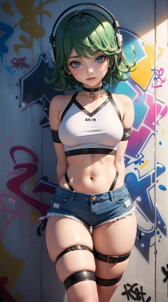 masterpiece, best quality, (extremely detailed CG unity 8k wallpaper, masterpiece, best quality, ultra-detailed, masterpiece, best quality, 1girl, solo, crop top, denim shorts, choker, (graffiti:1.5), paint splatter, arms behind back, against wall, looking at viewer, armband, thigh strap, paint on body, head tilt, bored, multicolored hair, aqua eyes, headset, Tatsumaki,