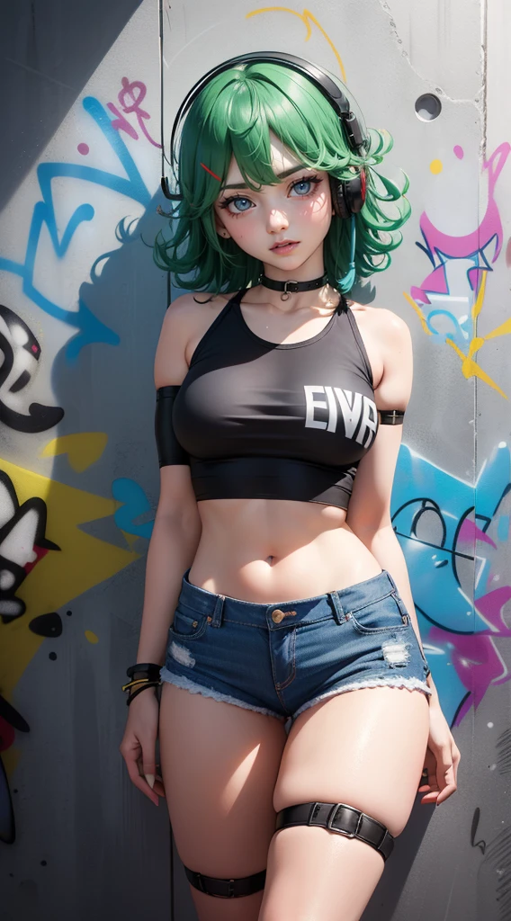 masterpiece, best quality, (extremely detailed CG unity 8k wallpaper, masterpiece, best quality, ultra-detailed, masterpiece, best quality, 1girl, solo, crop top, denim shorts, choker, (graffiti:1.5), paint splatter, arms behind back, against wall, looking at viewer, armband, thigh strap, paint on body, head tilt, bored, multicolored hair, aqua eyes, headset, Tatsumaki,