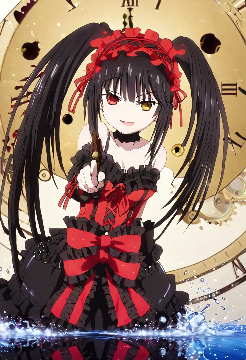 score_9, score_8_up, score_7_up, source_anime, 1girl, finger gun to head, upper body, KurumiBase, clock eyes, red eye, yellow eye, heterochromia, black hair, twintails, hairband, red dress, striped bow, frills, detached sleeves, frilled choker, evil grin, laughing, blood on face, blood, blood on clothes, sound effects, bam, splashing, colors, IncrsXLBrknGls, broken glass, reflection,