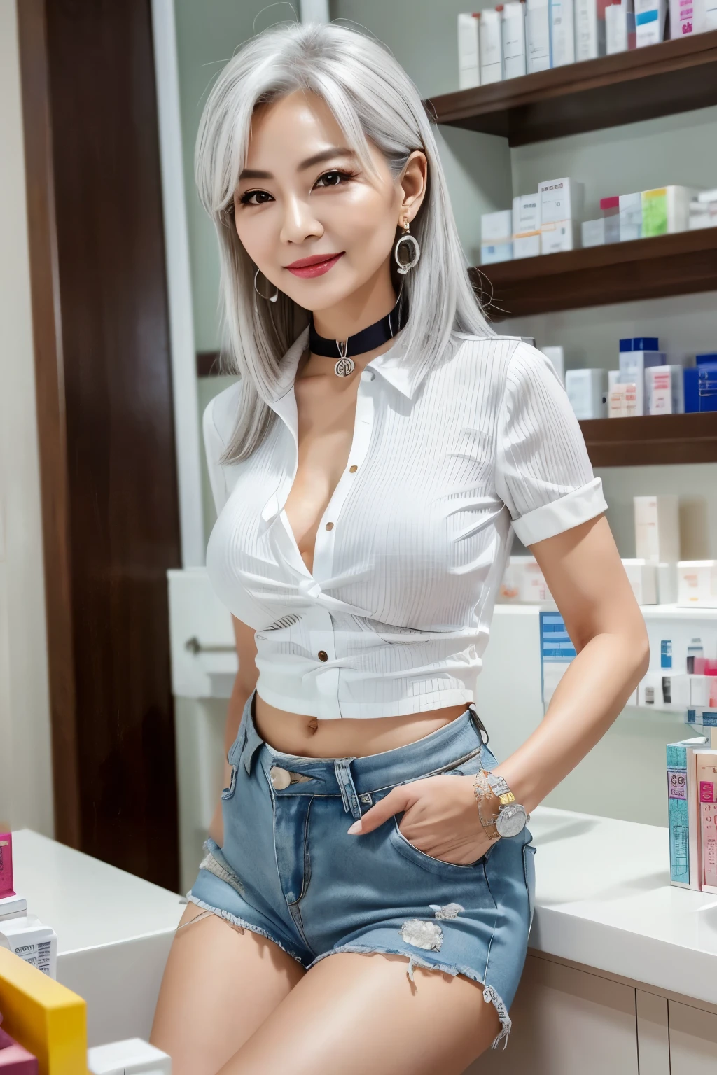 Shorts, 75 years old mom milf Chinese Lady large earring Big choker navel piercing decoration A bracelet Silver Hair realisitic Gorgeous Madame Beautiful Mature Woman sexy Smile Gentle woman navel piercing 4K High quality pharmacy Drugstore Cashier counter Customer Heavy chest
