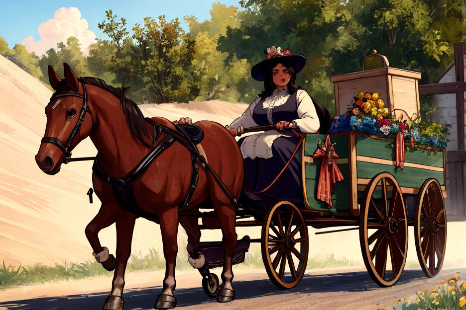 hire horse pulling cart. full figured woman driving