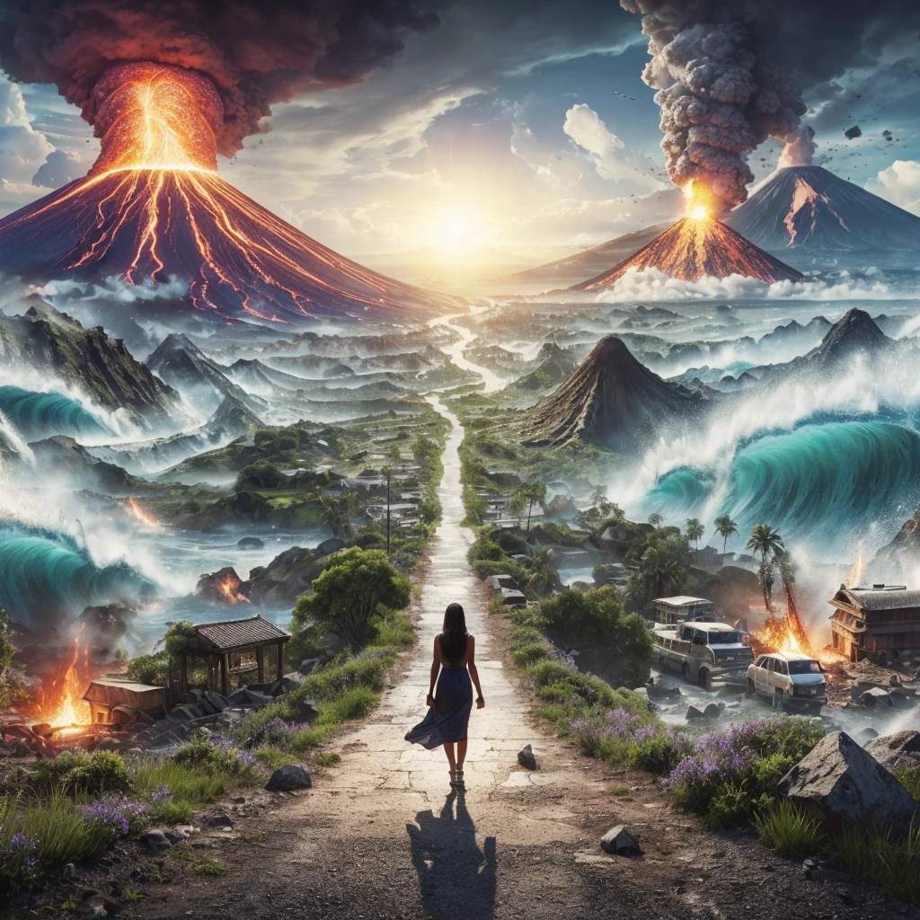 A path that leads you to destruction where there are erupting volcanoes, earthquakes, tidal waves, poor people. Photorealism, full view, highly detailed image, very realistic, hyperrealism, Ultra HD, 8k, 5, sharp focus, intricate and mysterious masterpiece. (Long exposure photography Highly detailed close-up portrait art illustration: final quality, medium shot, backlit, rich and striking. Enigmatic and mysterious manipulations (rule of thirds composition), ((detailed environment with strong lines) The best quality, in camera , white light, warm and clean aesthetics, dazzling screen composed of millions of bright ultraviolet rays, HDR.