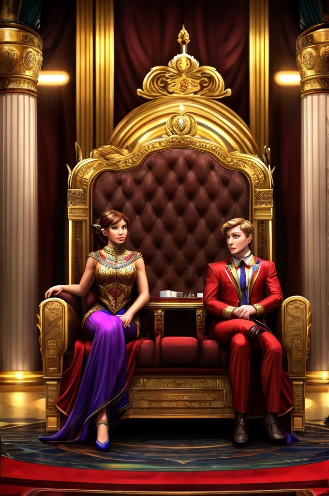 Katniss Everdeen and Peeta Mellark being interviewed in the Capitol. The scene is set on an extravagant stage with lavish decorations, bright lights, and a large, enthusiastic audience dressed in flamboyant and colorful attire. Katniss and Peeta are seated in elegant chairs, looking polished and composed. The host, dressed in an opulent and flamboyant outfit, is engaging them with charismatic gestures. In the background, large screens display their images and dramatic visuals of the Games. The atmosphere is one of spectacle and manipulation, highlighting the contrast between the superficial glamour of the Capitol and the underlying grim reality of the Games