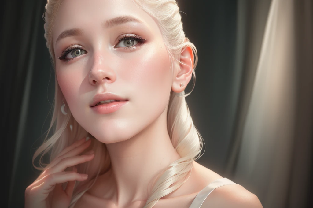 there is a woman that is looking at something in the distance, woman with porcelain skin, woman's face looking off camera, young woman's face, close - up on face, soft portrait shot 8 k, closeup on face, close up face female portrait, full - face close - up portrait, 60mm portrait, full face close up portrait, beautiful delicate face