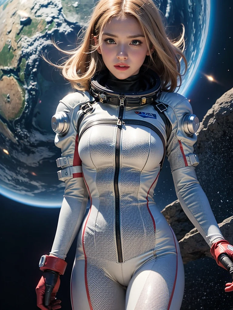 Close-up of a woman in a white suit with red gloves, Portrait Astronaut Girl, Armored astronaut girl portrait, Sleek digital concept art, Kschaert Krentz Key Art Feminine, SF Women, girl in space, Smooth Art, Wearing a space suit, Vojtek Fuss, Lostrun 8k, Inspired by Krenz Kuszat