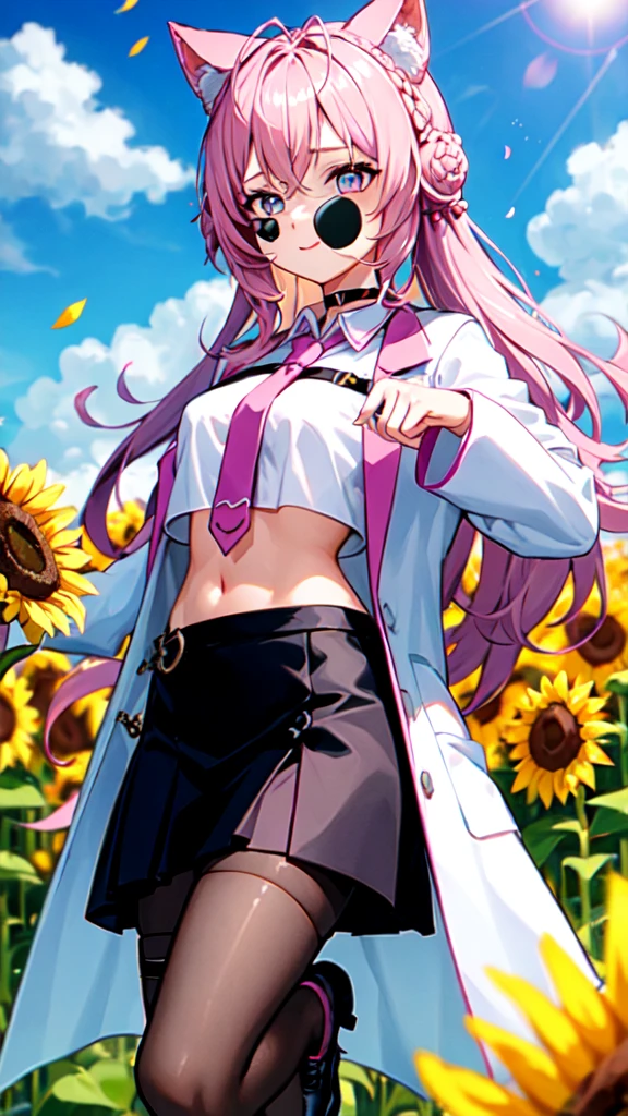 cute ,alone, Wind, smile, Lens flare, dramatic, Coastal, Flying petals, flowery Field, sun, Field, sunflower, masterpiece, long hair, hair bun, double bun, braided bun, crown braid, hexagon, choker, black choker, necktie, pink necktie, shirt, white shirt, collared shirt, crop top, crop top overhang, fingernails, nail polish, pink nails, watch, pocket watch, midriff, navel, belt, skirt, miniskirt, black skirt, pleated skirt, frills, frilled skirt, test tube, pantyhose, black pantyhose, thigh strap, shoes, black footwear, high heels, coat, labcoat, white coat, open coat, open clothes, long sleeves, sleeves past wrists, pocket