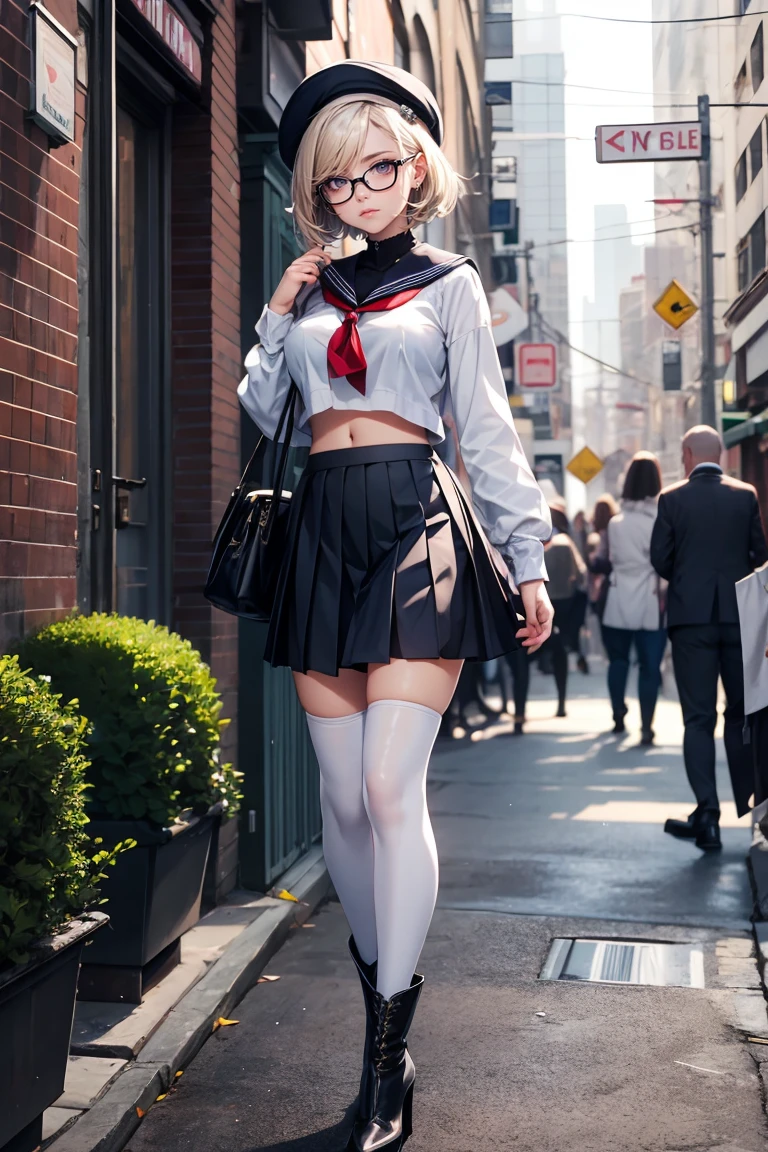 Best quality, Masterpiece, white thighboots, pleated skirt, sailor uniform, beret, glasses, short hair, medium breasts, cleavage, full body, city, high heels boots, navel