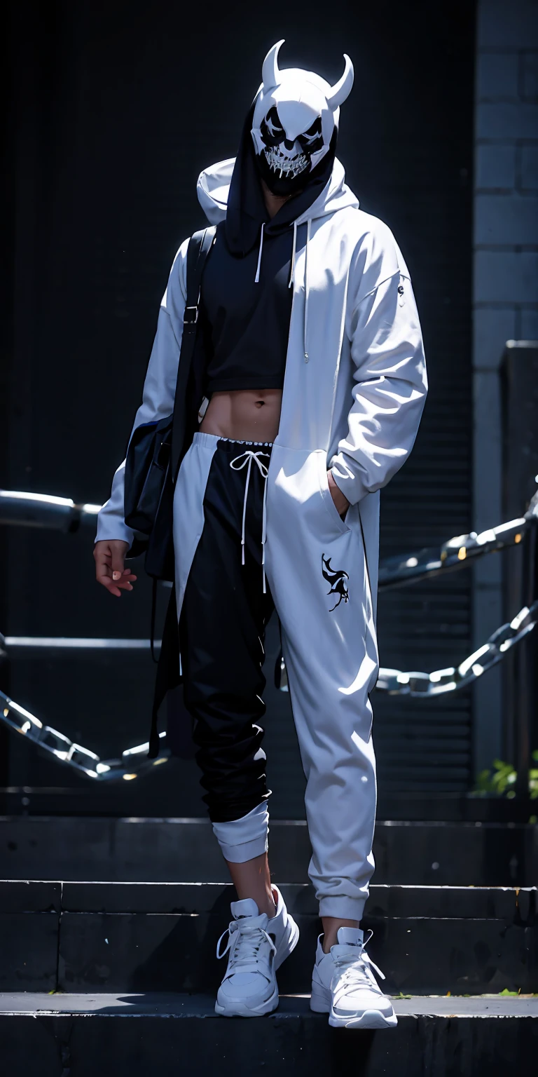 man with muscles , wearing all back white mask with two horns , hoodi and Trousers Pants Harajuku with joradn white shoes, plaid pants, black pants, chain, tripppants, pants, strappy pants, ((demon white mask )) , alex_the_terrible_mask, hoodie, wearing a hoodie , jordan shoes