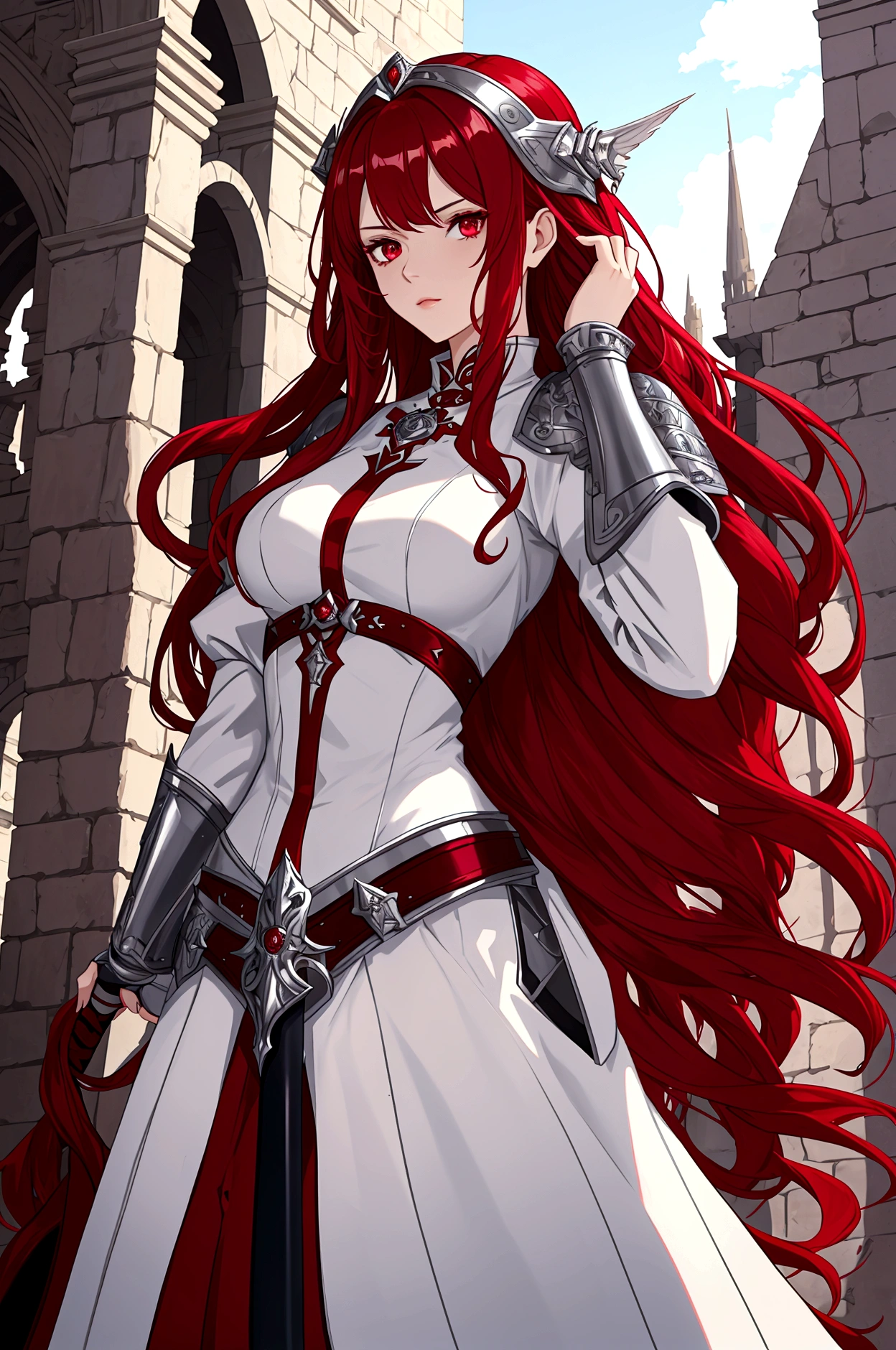 White skined young woman. Siren eyes.bright red eyes. Long curly hair. Maroon red hair color. Wearing silver armor and holding a sword. She has a fantasy-style silver accessory on her head, castle ruins background