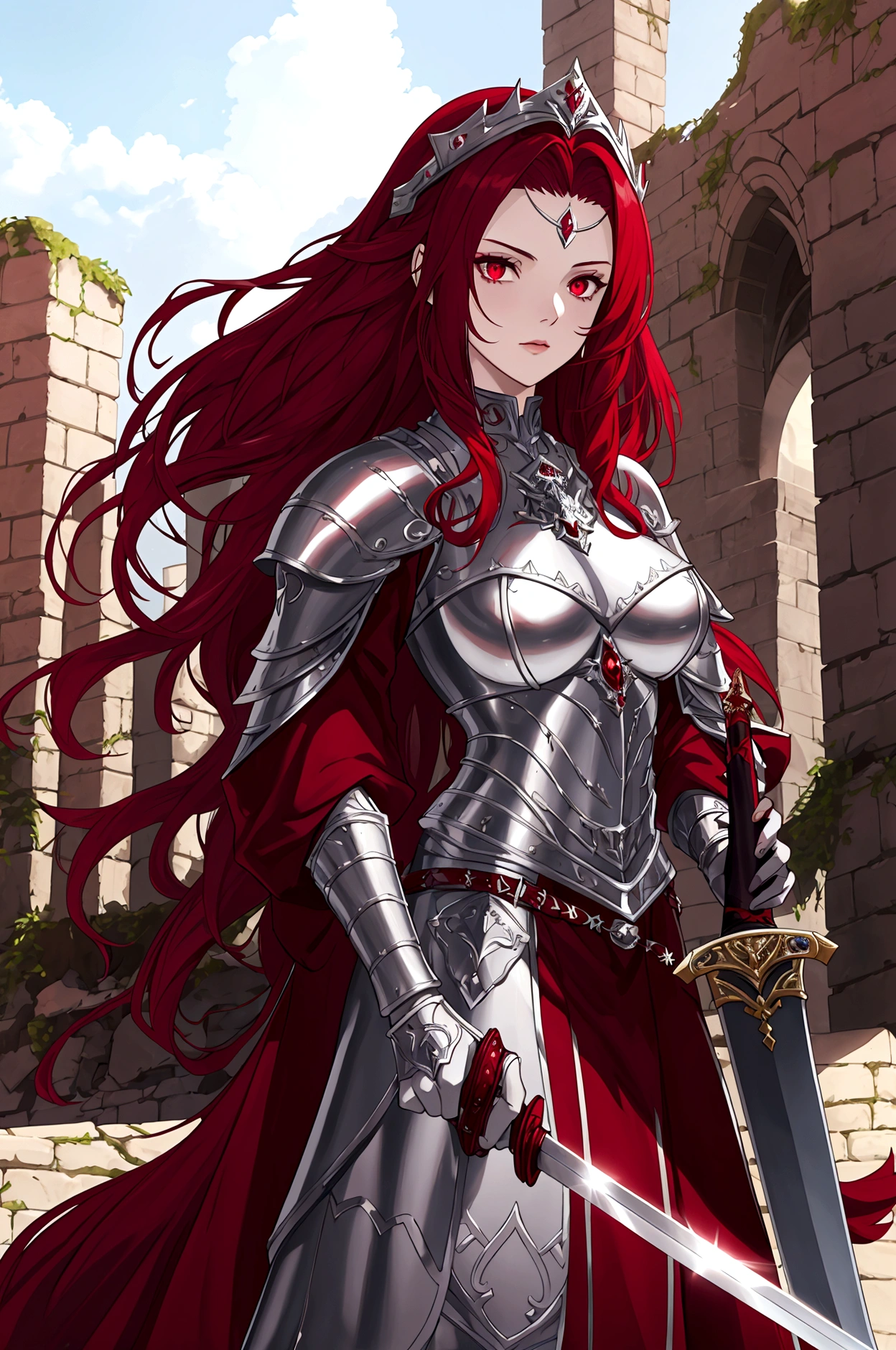 White skined young woman. Siren eyes.bright red eyes. Long curly hair. Maroon red hair color. Wearing silver armor and holding a sword. She has a fantasy-style silver accessory on her head, castle ruins background