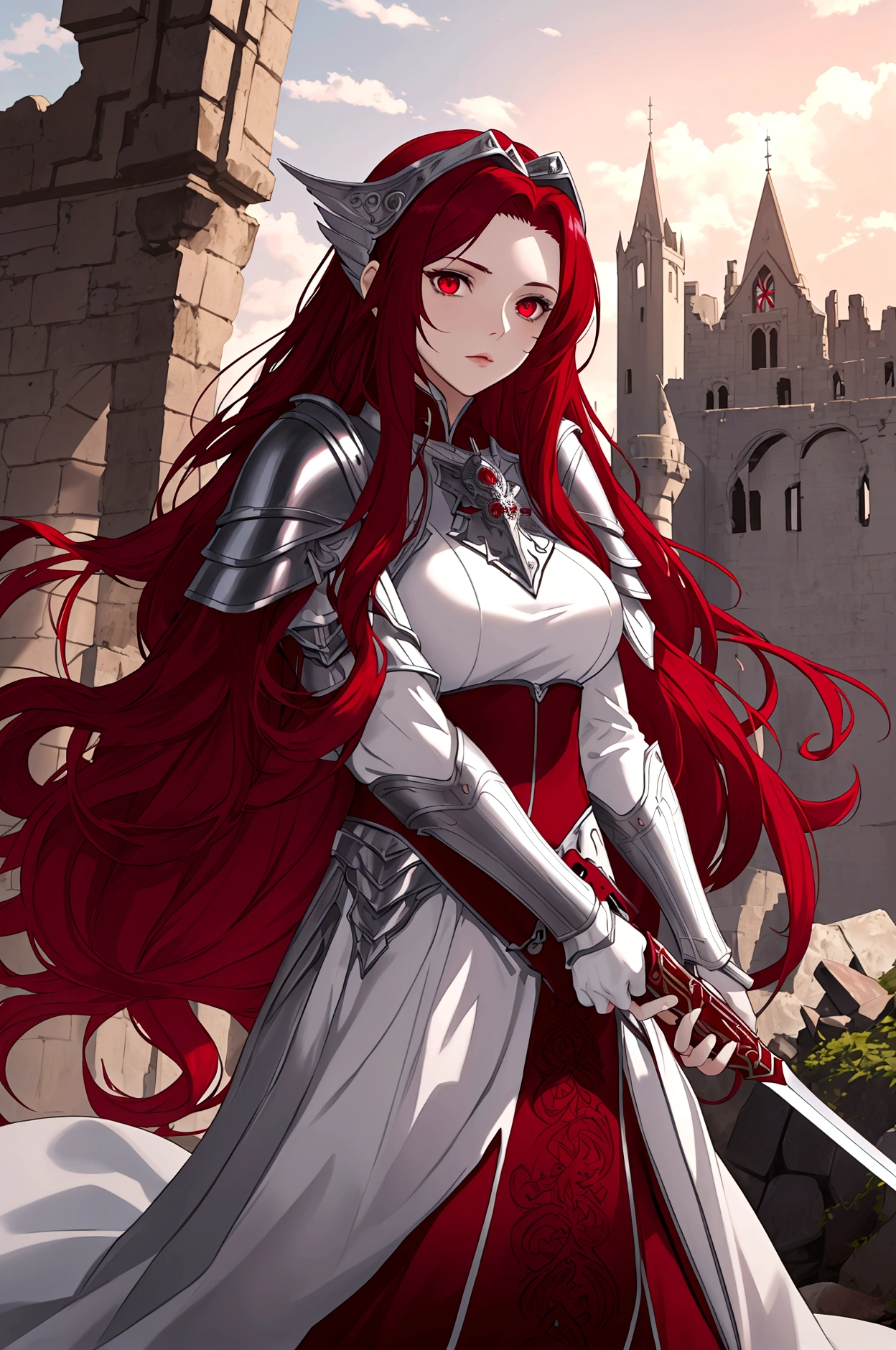 White skined young woman. Siren eyes.bright red eyes. Long curly hair. Maroon red hair color. Wearing silver armor and holding a sword. She has a fantasy-style silver accessory on her head, castle ruins background