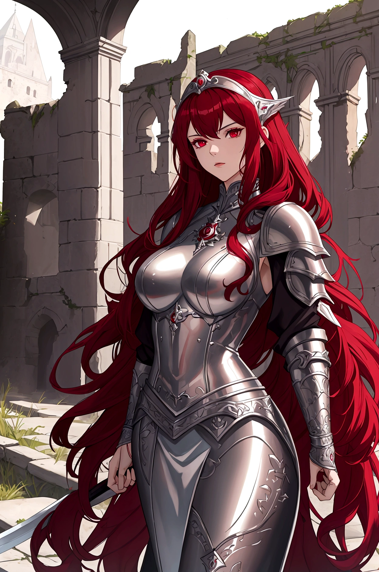 White skined young woman. Siren eyes.bright red eyes. Long curly hair. Maroon red hair color. Wearing silver armor and holding a sword. She has a fantasy-style silver accessory on her head, castle ruins background