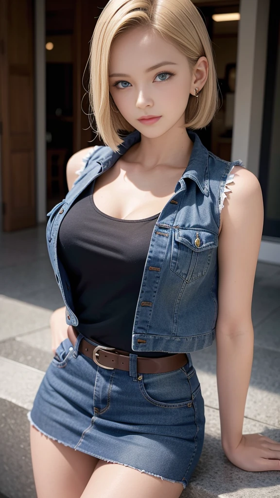 Highest quality, High resolution, 18-year-old, 1 Girl, Android 18, alone, Blonde, blue eyes, （double eyelid）,short hair, （Very cute smile），Earrings, jewelry, Denim dress, Open Vest, Black sports bra, Jeans Mini Skirt,  Blue mini skirt, （Beautiful legs）,Small breasts,（Cleavage）, Cowboy Shot, She is wearing black short boots，street, (External expansion chest: 1.2)，