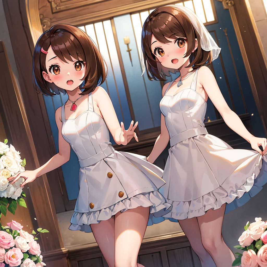 masterpiece, Highest quality, High resolution, Gloria1, 1 Girl, Gloria\(Pokémon\), Brown Hair, , Brown Eyes, , Short Hair, , Bobcut, bangs, , 1Describe a girl carefully 1Girl Expression in love blush Open Mouth blush church Wedding dress(mini skirt)
