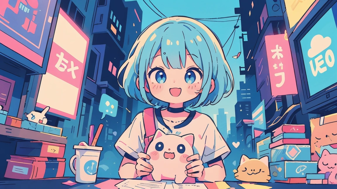Vibrant art,pop、bright、colorful, 1 female, Light blue hair,　short hair、Happy,cute, animation style, kawaii, clearly, colorful cyberpunk, bubblegum pop, cute、Pink and light blue as main colors、I&#39;m cheering loudly、　Headphonesをしている、Headphoneusic、