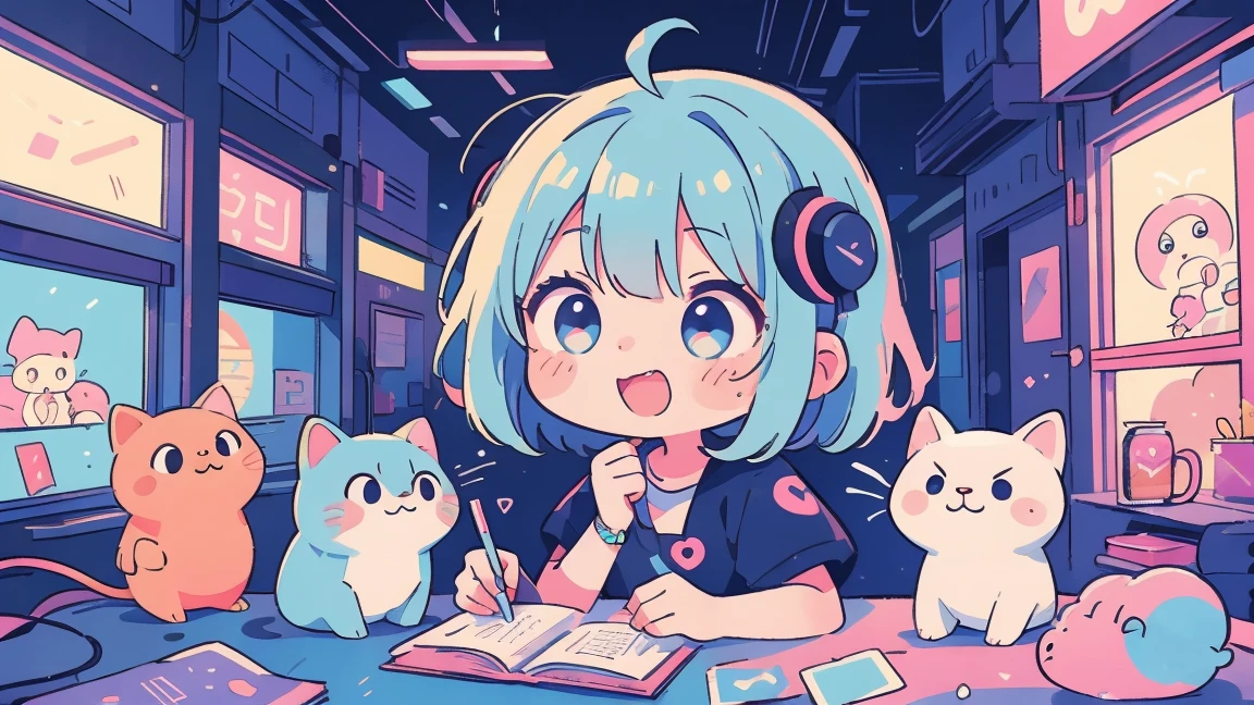 Vibrant art,pop、bright、colorful, 1 female, Light blue hair,　short hair、Happy,cute, animation style, kawaii, clearly, colorful cyberpunk, bubblegum pop, cute、Pink and light blue as main colors、I&#39;m cheering loudly、　Headphonesをしている、Headphoneusic、