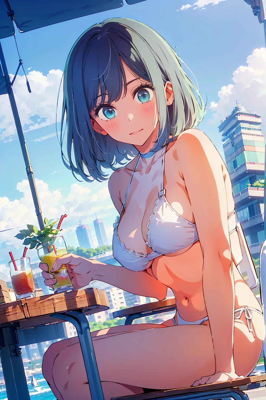 (Highest quality:1.4、8K:1.4、detailed)、F cup bust、Big Breasts、Slim body、Very white beautiful skin、((((1 person、Surprised expression、sit、Chair、In the background are the urban buildings of Tokyo、looking at the camera、Outdoor café terrace、coastal、Navy hair color、juice、White side string high leg bikini、table、Shooting from an angle、Very cute face))))、(Pose to hide breasts with hands:1.4)、Very blue sky、A completely cloudless sky