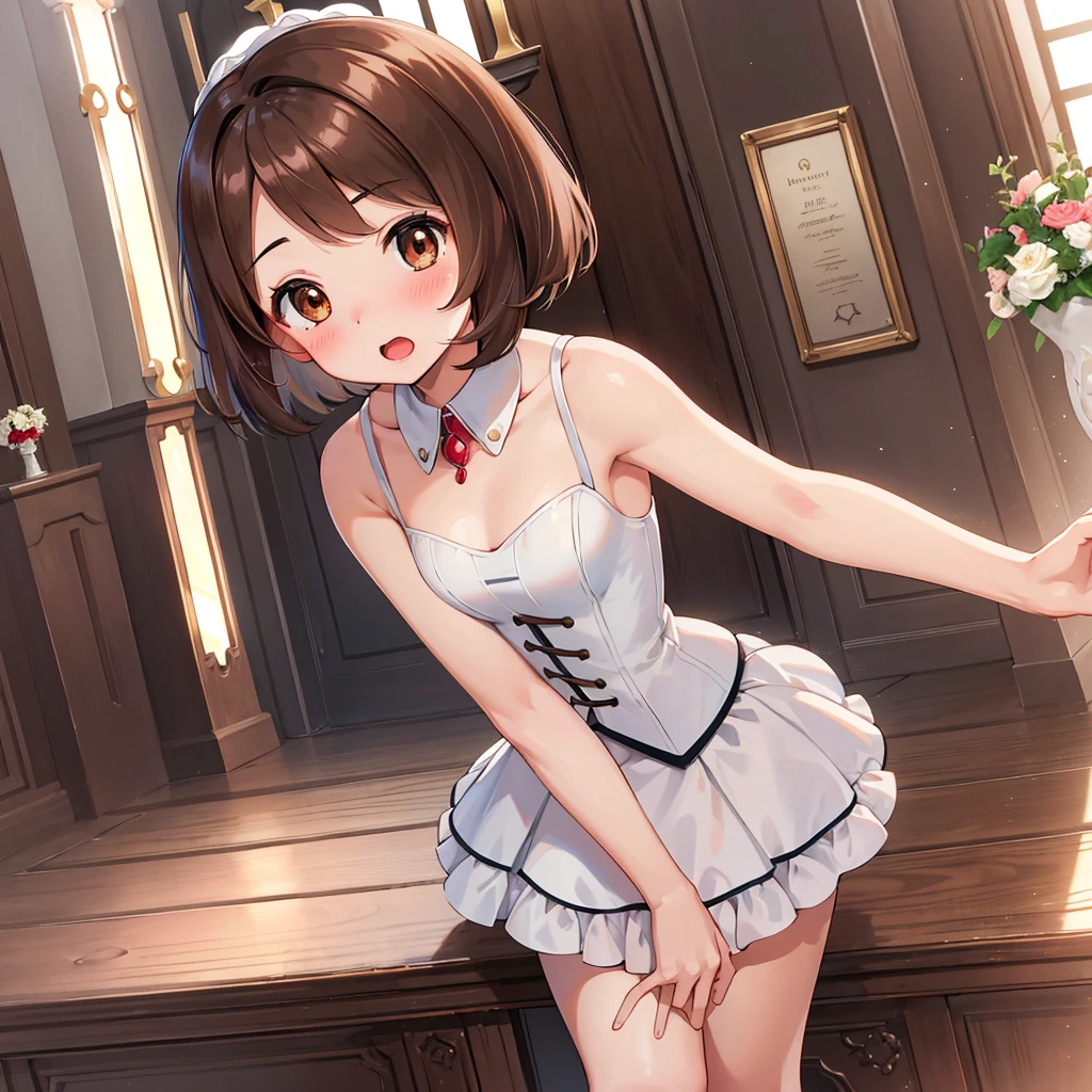 masterpiece, Highest quality, High resolution, Gloria1, 1 Girl, Gloria\(Pokémon\), Brown Hair, , Brown Eyes, , Short Hair, , Bobcut, bangs, , 1Describe a girl carefully 1Girl Expression in love blush Open Mouth blush church Wedding dress(mini skirt)