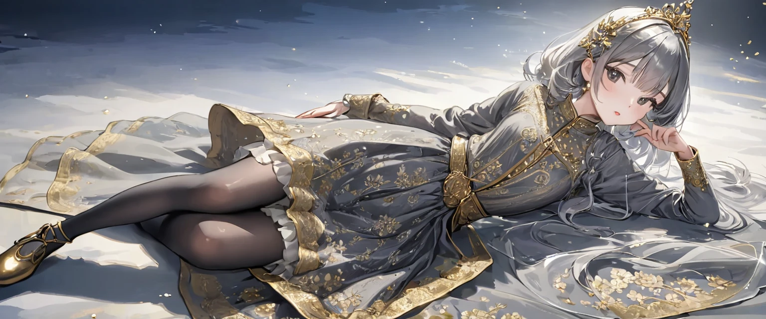 girl, Gold and silver embroidery, Platinum and pearl medieval long dress（With panniers）, Translucent fabric, Pull up the dress by hand, Strong winds, Translucent slip, Grey translucent tights, ８歳のgirl, Gold and silver embroidery, medieval mini dress（With panniers）, Translucent fabric, Pull up your skirt, Strong winds, Translucent slip, Grey translucent tights, Peeking from below, Highest quality, Disorder of clothing, Lying down, underwear, Show off your thighs, night, Skirt lining