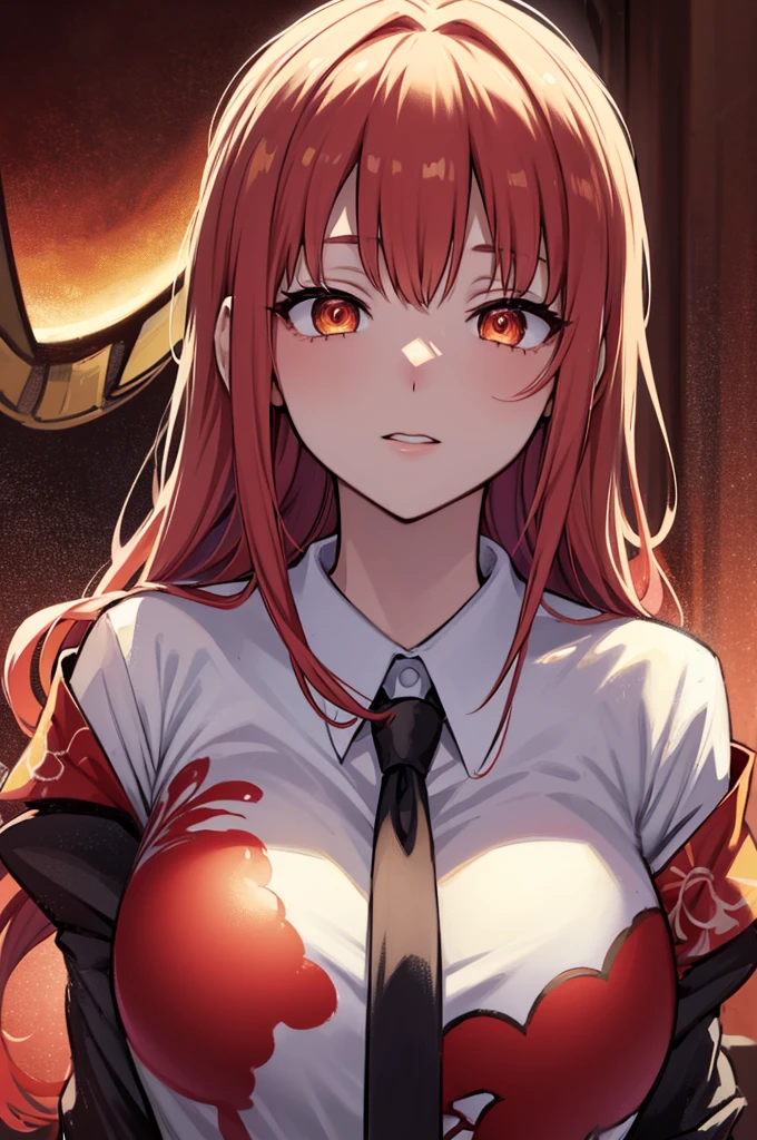 masterpiece, best quality, (extremely detailed CG unity 8k wallpaper, masterpiece, best quality, ultra-detailed, best shadow), (detailed background), (beautiful detailed face, beautiful detailed eyes), High contrast, (best illumination, an extremely delicate and beautiful),1girl,((colourful paint splashes on transparent background, dulux,)), ((caustic)), dynamic angle,beautiful detailed glow,full body, blood splash on face. close up of a woman, anime girl with red hair and a white shirt and tie, a character portrait by Yang J, pixiv, shin hanga, portrait of an anime girl, female anime character, portrait anime girl, portrait of asuka langley soryu, beautiful anime portrait, detailed portrait of anime girl, anime character, realistic anime artstyle, anime girl portrait, anime character portrait, bangs