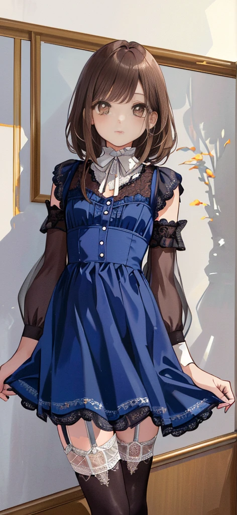 ((masterpiece)), ((best quality)), ((ultra detailed)), ((kawaii)), cute, (lovely), ((extremely detailed)), ((8K)), (beautiful), full body, luxury room, a cute girl, 1girl, solo, blue mini camisole dress,beautiful light brown hair, ((detailed beautiful brown eyes)), white-skinned, flat breast, tiny breast, garter belt,(garter stockings:1.4),pink eyeshadow