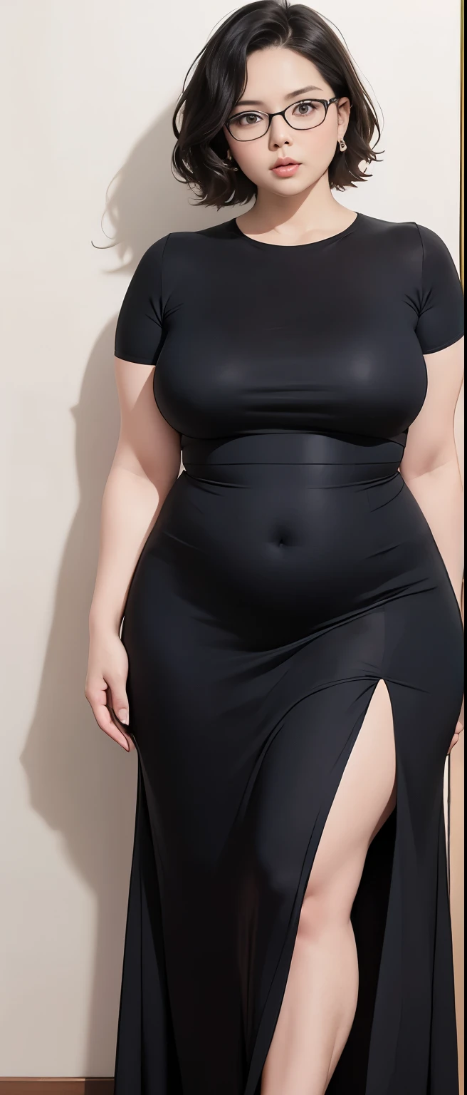 Chubby woman with chubby belly and tight thighs, full body, 41-year-old mature woman, thick hips, thick neck, thick chest, big eyes, wearing a longest dress, wavy medium short hair, Height 170 cm , full body , glasses 