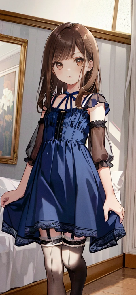 ((masterpiece)), ((best quality)), ((ultra detailed)), ((kawaii)), cute, (lovely), ((extremely detailed)), ((8K)), (beautiful), full body, luxury room, a cute girl, 1girl, solo, blue mini camisole dress,beautiful light brown hair, ((detailed beautiful brown eyes)), white-skinned, flat breast, tiny breast, garter belt,(garter stockings:1.4),pink eyeshadow
