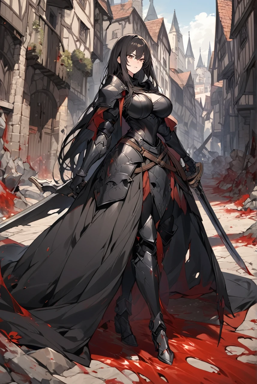 Tall brunette woman, large breasts, long black hair, wearing black mediavau armor with black cape with white background, double long sword, Medieval city background, streets full of blood, dead monsters on the ground all cut out