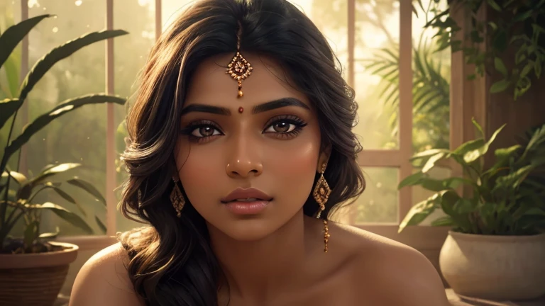 A beautiful detailed Indian woman, sensual facial features, detailed eyes, detailed lips, long eyelashes, realistic skin, subtle nudity, natural lighting, cinematic composition, cinematic lighting, soft colors, warm tones, natural environment, beautiful background, masterpiece, high quality, photorealistic, hyperrealistic,