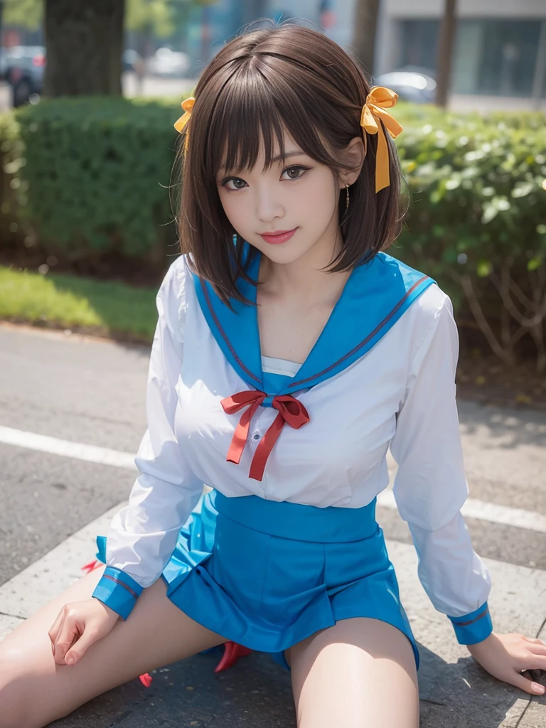(alone:1.5),Light brown short-cut hair、Big Breasts:1.5、looking at the camera、A big smile、((((whole body))))、Top image quality、超A high resolution、(photographrealistic:1.4)、 AccentLighting, 8K, japanese, (Beautiful face: 1.1),(50 years old:1.3)、(photorealistic photos:1.2)、At 8K、haruhi_surfing, white long sleeve shirt and blue collar,  skirt,blue skirt, red tie, yellow ribbon, pretty girl, spread your legs, show white , roadside