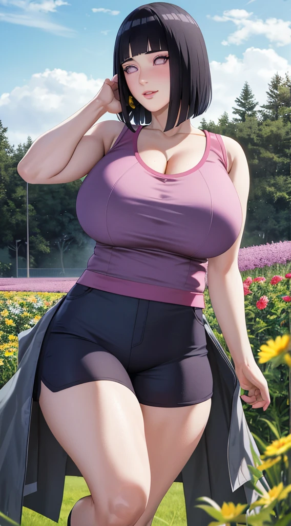 masterpiece, absurdres, hinata\(boruto\), 1girl, solo,mature female, sports wear, huge ass, outdoors, flower field, ass at viewer, cloudy sky, perfect composition, detailed lips, huge breast, cleavage,beautiful face, body propotion, blush, (pink lips), long hair, purple eyes, soft gaze, sad smile, super realistic, detailed, photoshoot, realistic face and body, realistic hair, realistic eyes, realistic nose, realistic lips, black hair, short hair, detailed hand and legs, detailed eyes