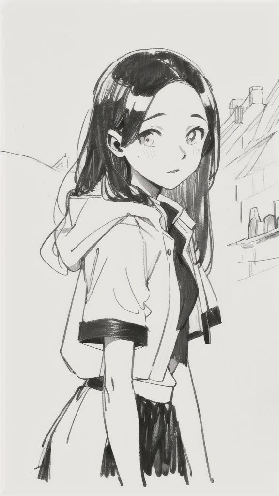 One Girl,Line art,Monochrome,sketch,Pencil drawing,Traditional Media,One Girl, skirt,Cute  Girls, ,Beautiful portrait、Delicate body、Black Hair、Black Hair,landscape