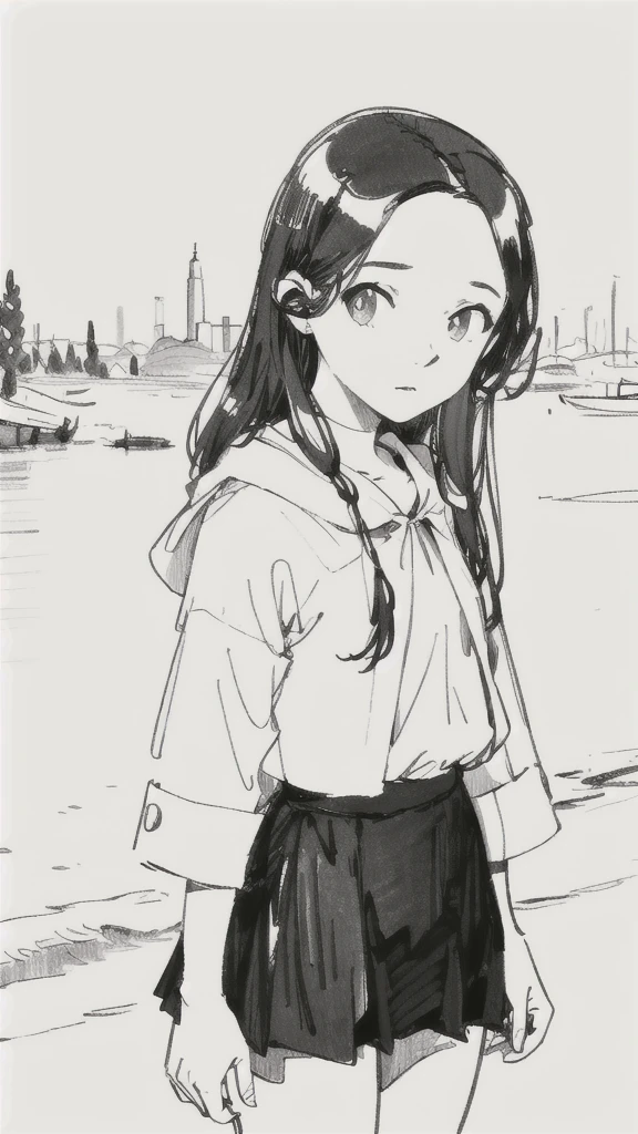 One Girl,Line art,Monochrome,sketch,Pencil drawing,Traditional Media,One Girl, skirt,Cute age Girls, ,Beautiful portrait、Delicate body、Black Hair、Black Hair,landscape