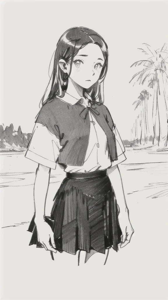 One Girl,Line art,Monochrome,sketch,Pencil drawing,Traditional Media,One Girl, skirt,Cute age Girls, ,Beautiful portrait、Delicate body、Black Hair、Black Hair,landscape